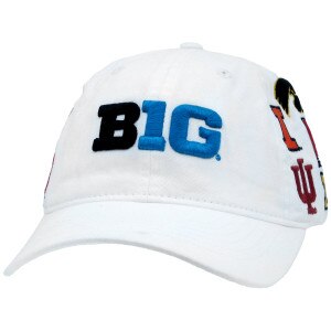 white baseball hat with Big Ten logo embroidered on front